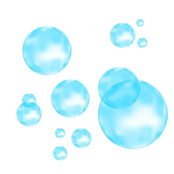 Bolhas azuis de ar, água ou oxigênio no fundo branco . —  Vetores de Stock