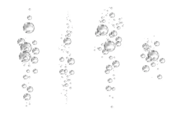 Burbujas de aire fizzing negro bajo el agua sobre fondo blanco . — Vector de stock