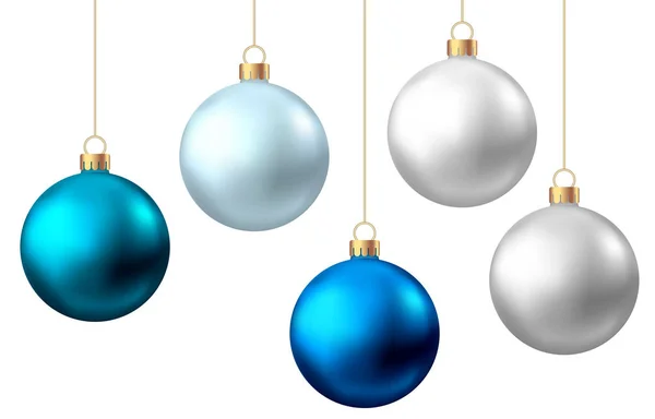 Balles de Noël réalistes bleues, argent isolées sur bac blanc — Image vectorielle