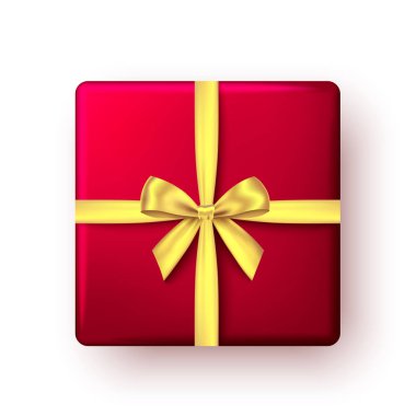 Kırmızı hediye kutusu, altın kurdeleli ve yay, üst manzara.. 
