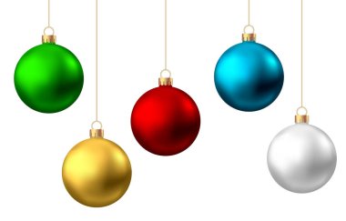 Gerçekçi kırmızı, altın, yeşil, mavi, gümüş Noel topları isol