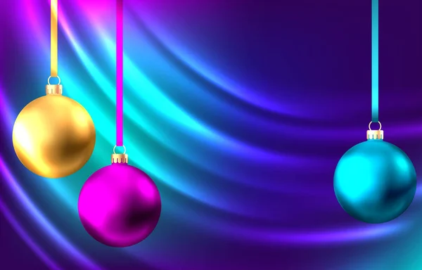 Boules de Noël suspendues dorées, bleues et roses sur fond violet — Image vectorielle