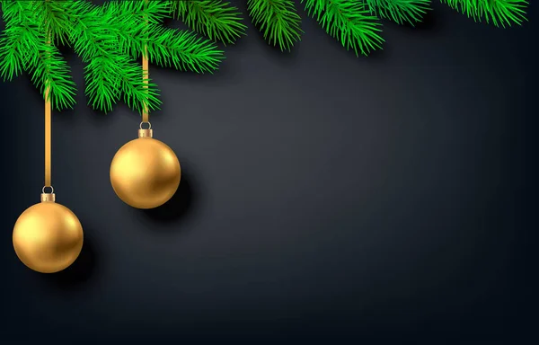 Fond noir avec boule de Noël dorée et branche d'épinette . — Image vectorielle