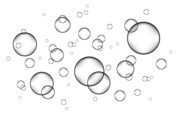 Underwater fizzing air, water or oxygen  bubbles on white  background. Effervescent drink. Fizzy sparkles in sea, aquarium. Champagne. Soda pop. Undersea vector texture.
