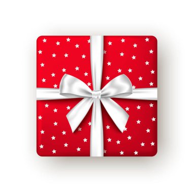 Kırmızı hediye kutusu, kurdele ve fiyonk, üst manzara. Noel, yeni yıl partisi, mutlu yıllar ya da sevgililer günü paketi tasarımı. Beyaz arkaplanda izole edilmiş durumda. Vektör.