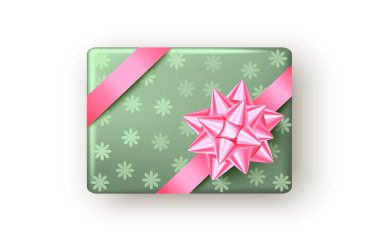 Pembe ve yeşil hediye paketi, kurdele ve fiyonk, üst manzara. Noel, yeni yıl partisi, mutlu yıllar, Paskalya veya Mather günü paket tasarımı. Vektör.