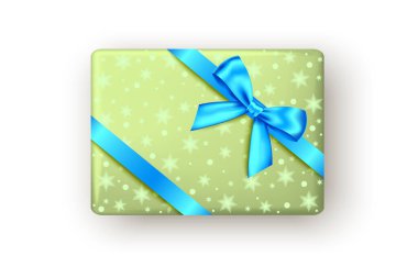 Mavi kurdeleli yeşil hediye kutusu ve yay, üst manzara. Noel, yeni yıl partisi, mutlu yıllar ya da Paskalya paketi tasarımı. Beyaz arkaplanda izole edilmiş durumda. Vektör.