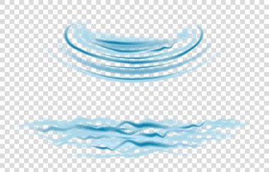 Mavi daire su sıçratır ve şeffaf arkaplanda izole bir dalga oluşur. Saf su. Vektör dokusu.