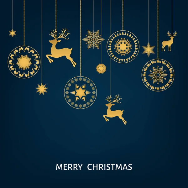 圣诞金色图案 黄金装饰 新年快乐蓝色背景 圣诞驯鹿 贺卡的矢量模板 — 图库矢量图片