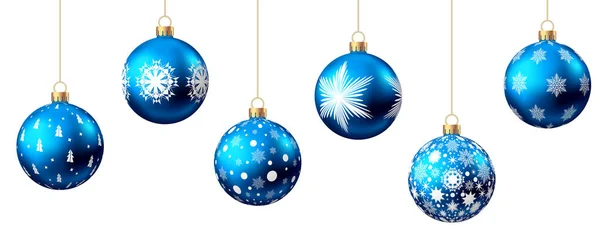 Realistische Blauwe Kerstballen Met Patroon Geïsoleerd Witte Achtergrond Kerstboom Decoratie — Stockvector