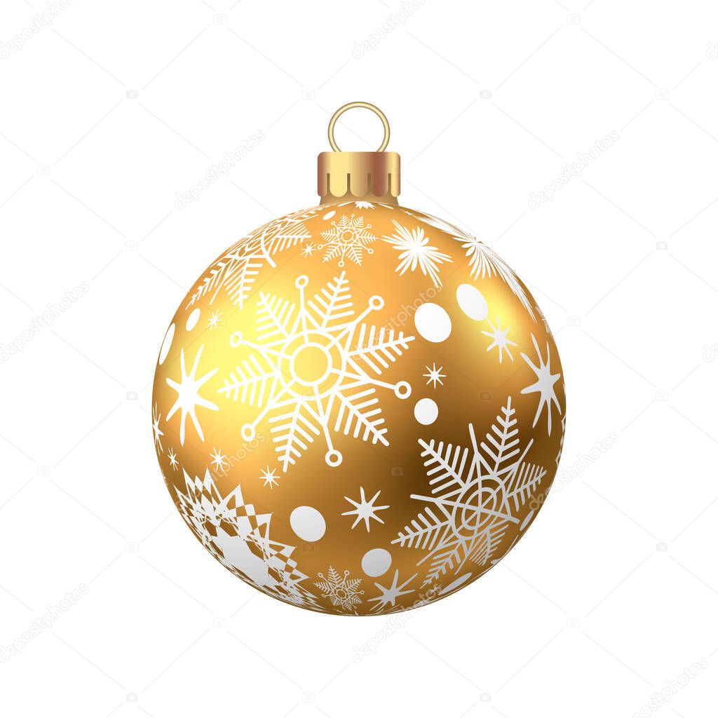 Golden  Christmas  ball  with pattern  isolated on white background. Xmas  tree decoration. Vector gold bauble.