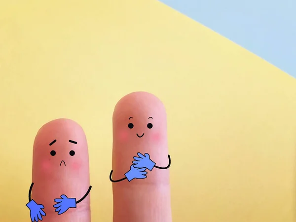 Dois Dedos São Decorados Como Duas Pessoas Ambos Usam Luvas — Fotografia de Stock