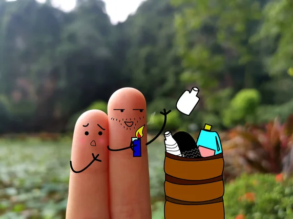 Two Fingers Decorated Two Person One Them Trying Burn Rubbish — Stock Photo, Image