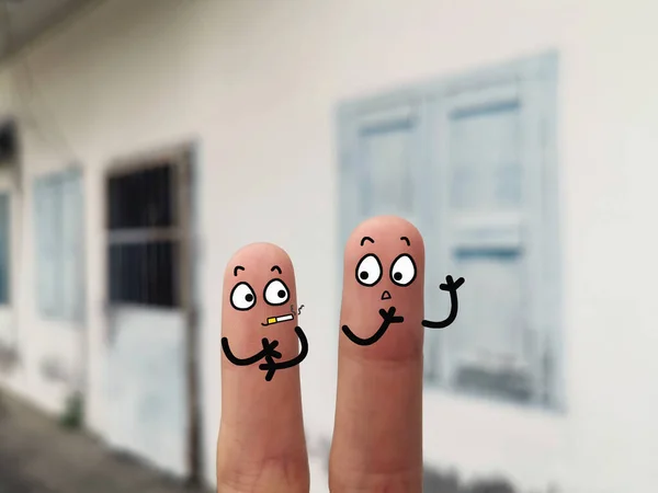 Two Fingers Decorated Two Person Back Yard One Them Smoking — Stock Photo, Image