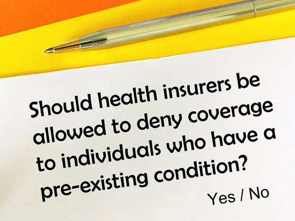 One person is answering question about health insurers\' right to deny coverage to individuals who have a pre existing condition.