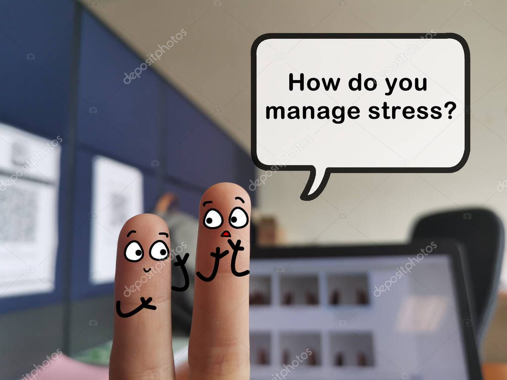 Two fingers are decorated as two person in office. They are discussing about trouble managing stress.