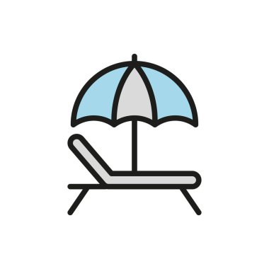 Yaz tatili, deniz kenarı eğlencesi ve tatil tasarımı için sandalye ikonu olan plaj şemsiyesi..