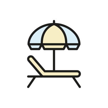 Yaz tatili, deniz kenarı eğlencesi ve tatil tasarımı için sandalye ikonu olan plaj şemsiyesi..