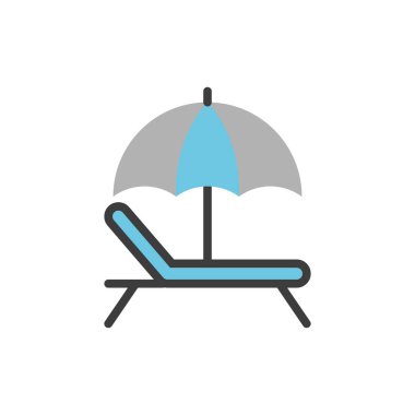 Yaz tatili, deniz kenarı eğlencesi ve tatil tasarımı için sandalye ikonu olan plaj şemsiyesi..