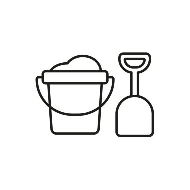 Yaz plajı, kum oyunu ve tatil tasarımı için kova ve kürek simgesi.