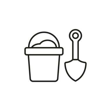 Yaz plajı, kum oyunu ve tatil tasarımı için kova ve kürek simgesi.