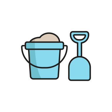 Yaz plajı, kum oyunu ve tatil tasarımı için kova ve kürek simgesi.