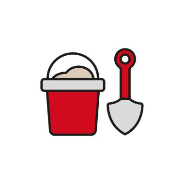 Yaz plajı, kum oyunu ve tatil tasarımı için kova ve kürek simgesi.