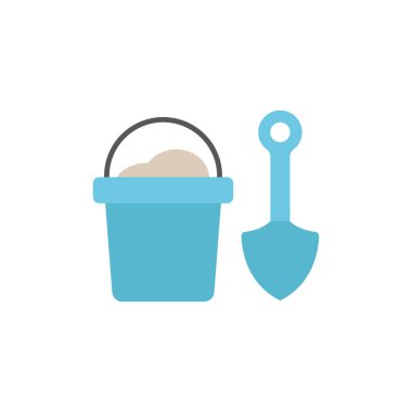 Yaz plajı, kum oyunu ve tatil tasarımı için kova ve kürek simgesi.