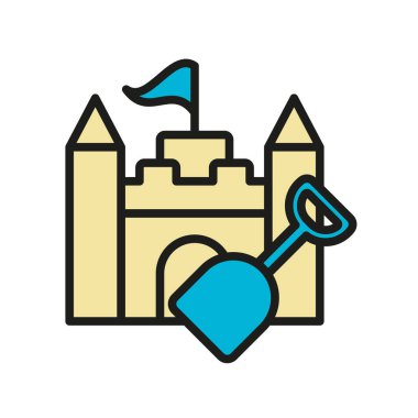 Yaz tatili, plaj aktiviteleri ve çocuklar için kum kalesi ve maça simgesi.