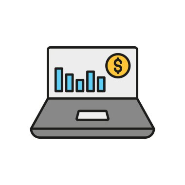 Para takibi, bütçe analizi ve finansal analiz için dijital araçları temsil eden finansal uygulama simgesine sahip dizüstü bilgisayar.