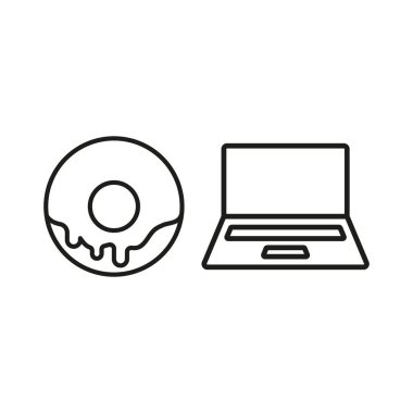 Tatlı, aperatif ve dijital yaşam tarzı görselleri için dizüstü bilgisayar ve çörek seti simgesi.