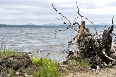 kayalık sahil Gölü, uzaktan Ural Dağları, Güney Urallar, göl Uvildy görebilirsiniz