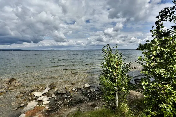 Costa Arborizada Contra Lago Céu Nublado Dia Ensolarado Verão — Fotografia de Stock