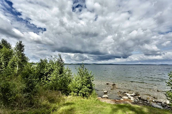 Wooded Shore Lake Cloudy Sky Sunny Summer Day — Stock Photo, Image