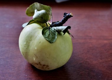 dalları ve yaprakları masanın üzerinde yatan bir parçası ile yeşil elma