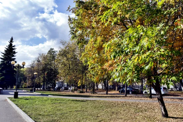 Herbstlandschaft Stadtrand Häuser Bäume Laub Fallen — Stockfoto