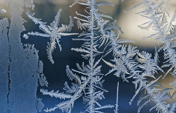 Weihnachtssterne Frostige Muster Auf Dem Fensterglas Textur Aus Frostigen Mustern — Stockfoto