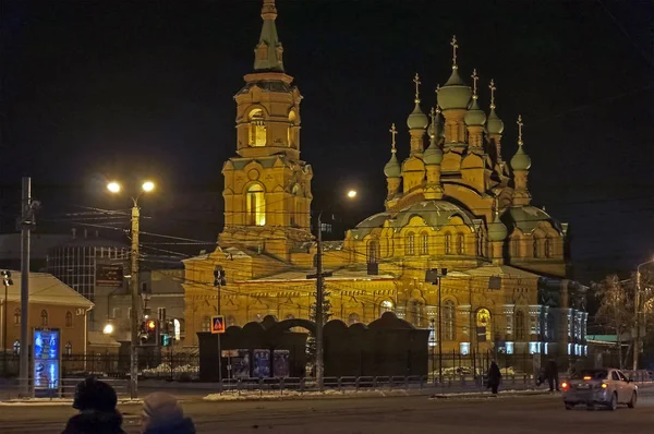 Orthodox Church Holy Trinity Chelyabinsk View Road Winter Night — Stock Photo, Image