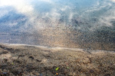 Kıyı kumu ve sakin göl suyu, görünür kum dokusu.