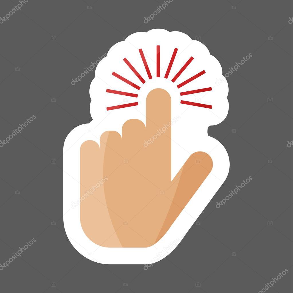 The hand clicks on the button colored sticker. Cursor vector icon. Layers grouped for easy editing illustration.  For your design. 