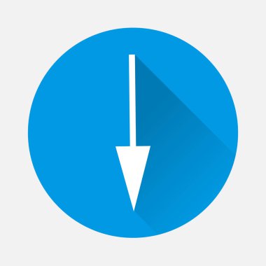 Vektör simge ok aşağı yön gösteren. Mavi arka plan üzerindeki oku. Düz görüntü çorba bir uzun gölge ile.