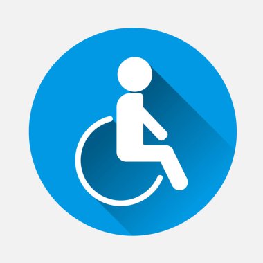 Vektör çizim tekerlekli sandalye üzerinde mavi arka plan. Düz görüntü tekerlekli sandalye simge uzun gölge ile. Katmanlar kolay düzenleme Gösterim amacıyla gruplandırılmış. Tasarımlarınız için.