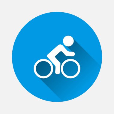 Vektör simgesi mavi zemin üzerine bisikletçi. Düz görüntü sporcu uzun gölge ile. Katmanlar kolay düzenleme Gösterim amacıyla gruplandırılmış. Tasarımlarınız için.