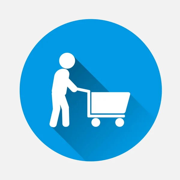 Mann Läuft Mit Einkaufswagen Vektor Illustration Auf Blauem Hintergrund Flachbild — Stockvektor
