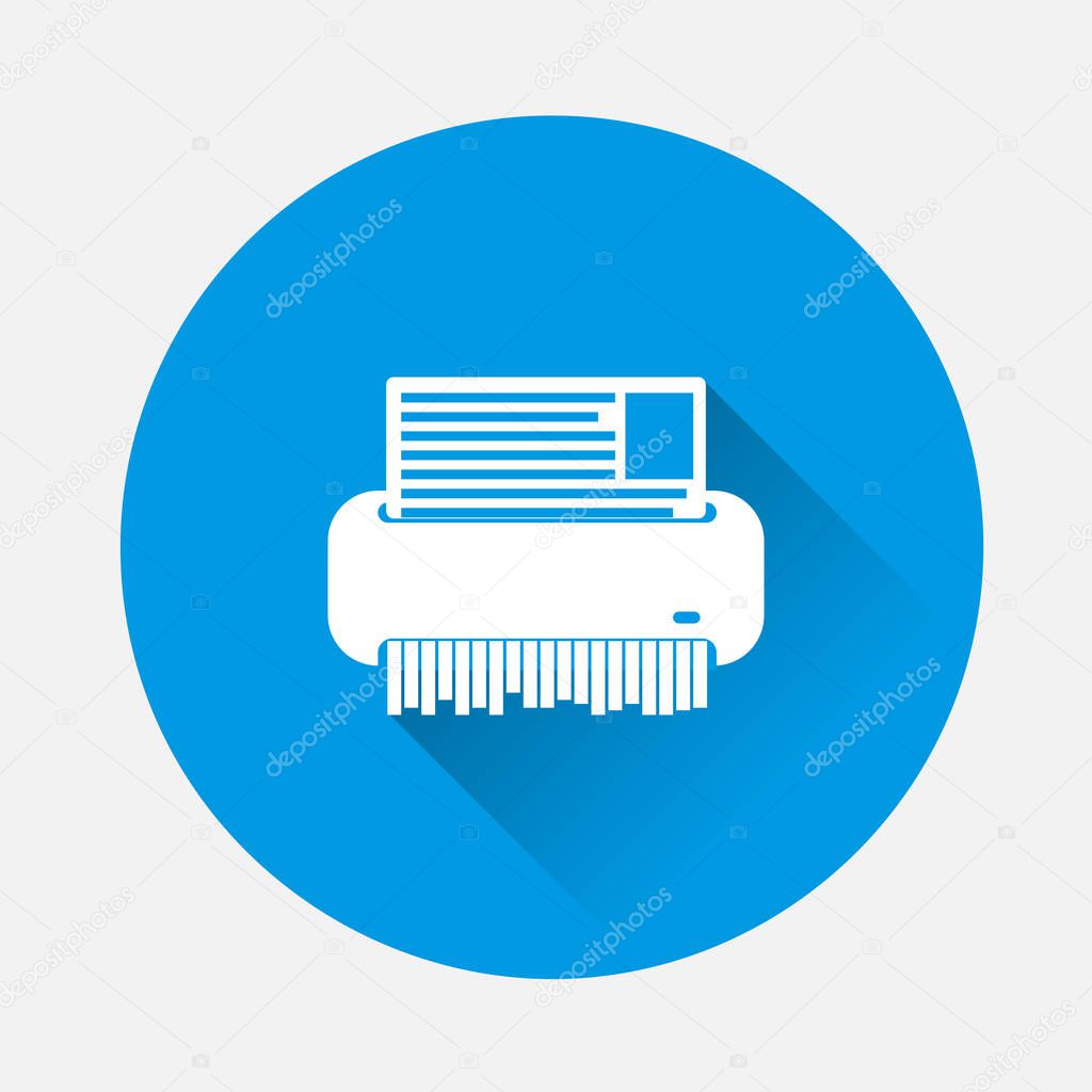 Vector shredder image. Technics for office on blue background. Flat image shredder with long shadow. Layers grouped for easy editing illustration. For your design.