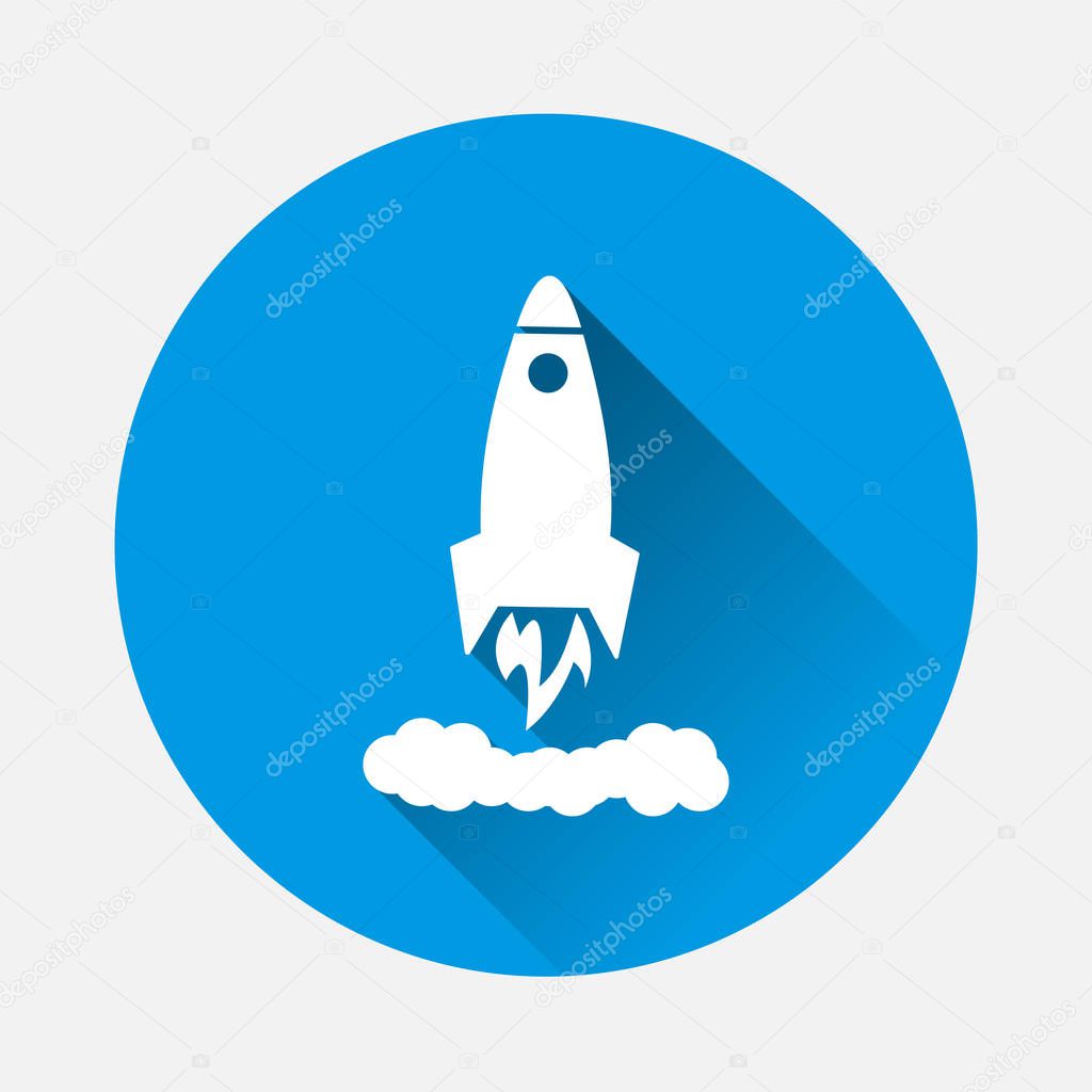  Vector icon flying rocket on blue background. Flat image rocket with long shadow. Layers grouped for easy editing illustration. For your design.