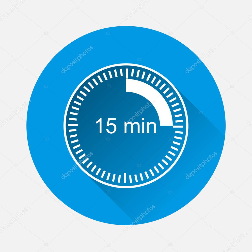 Clock icon indicating the time interval of 15 minutes on blue background. Flat image fifteen minutes time on the clockwith long shadow. Layers grouped for easy editing illustration. For your design.