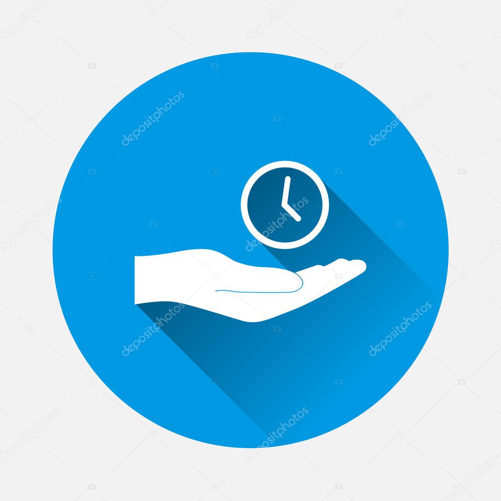 Vector icon of a hand holding clock on blue background. Flat image hand design and watch with long shadow. Layers grouped for easy editing illustration. For your design.