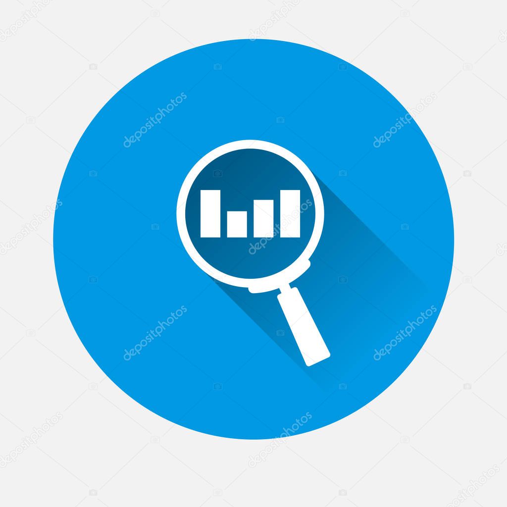  Vector Search vector icon glass magnifier icon on blue background. Flat image Business schedule of income and expenses with long shadow. Layers grouped for easy editing illustration. For your design.