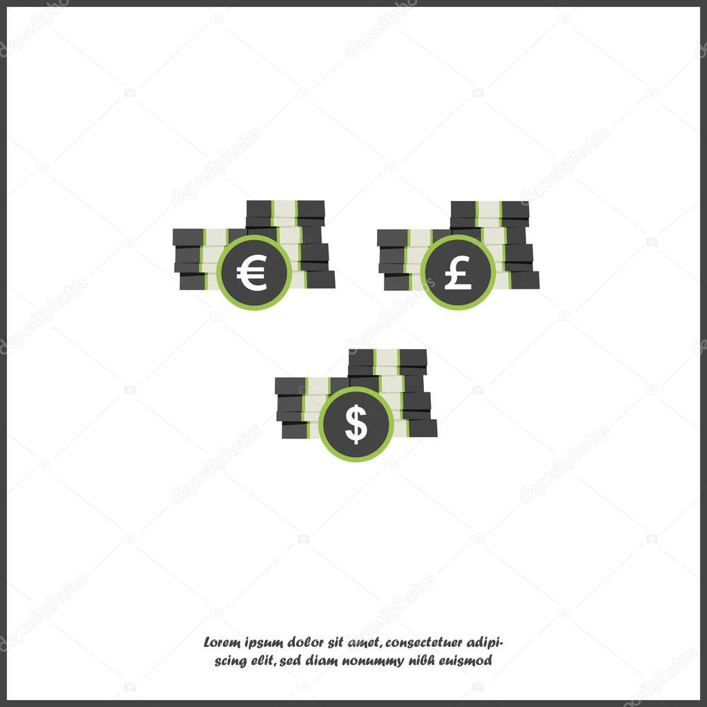 Vector icon stack of money. Paper notes and coin. Symbol bank, m